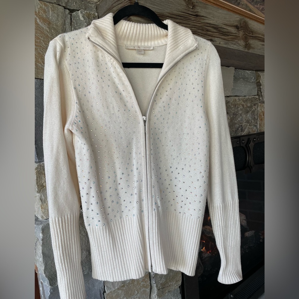 Boston Proper White Zip Cardigan with Sparkle beads